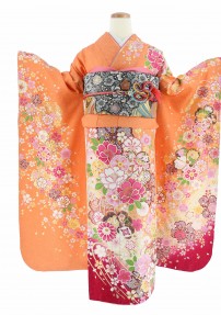 成人式振袖[かわいい]明るいオレンジ裾濃ピンクぼかし・黄ピンクの桜[身長168cmまで]No.902
